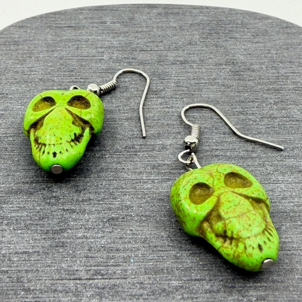 Green Skull Dangle Earrings Gothic Punk Halloween Festival Statement Gift Pair